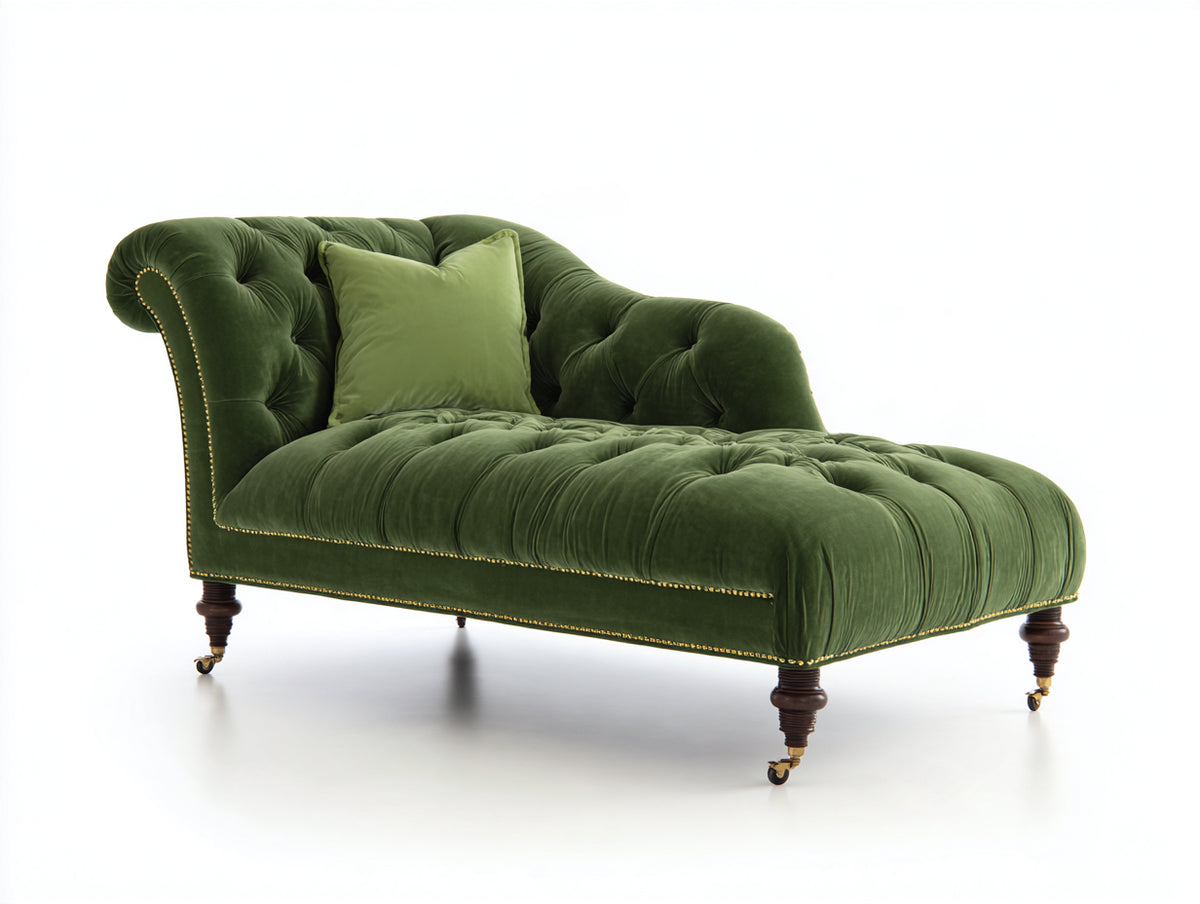 Chaise longue tapizada 190 x 85 x 90 cm - verde oliva dorado y marrón oscuro - capitoné profundo y patas con ruedas