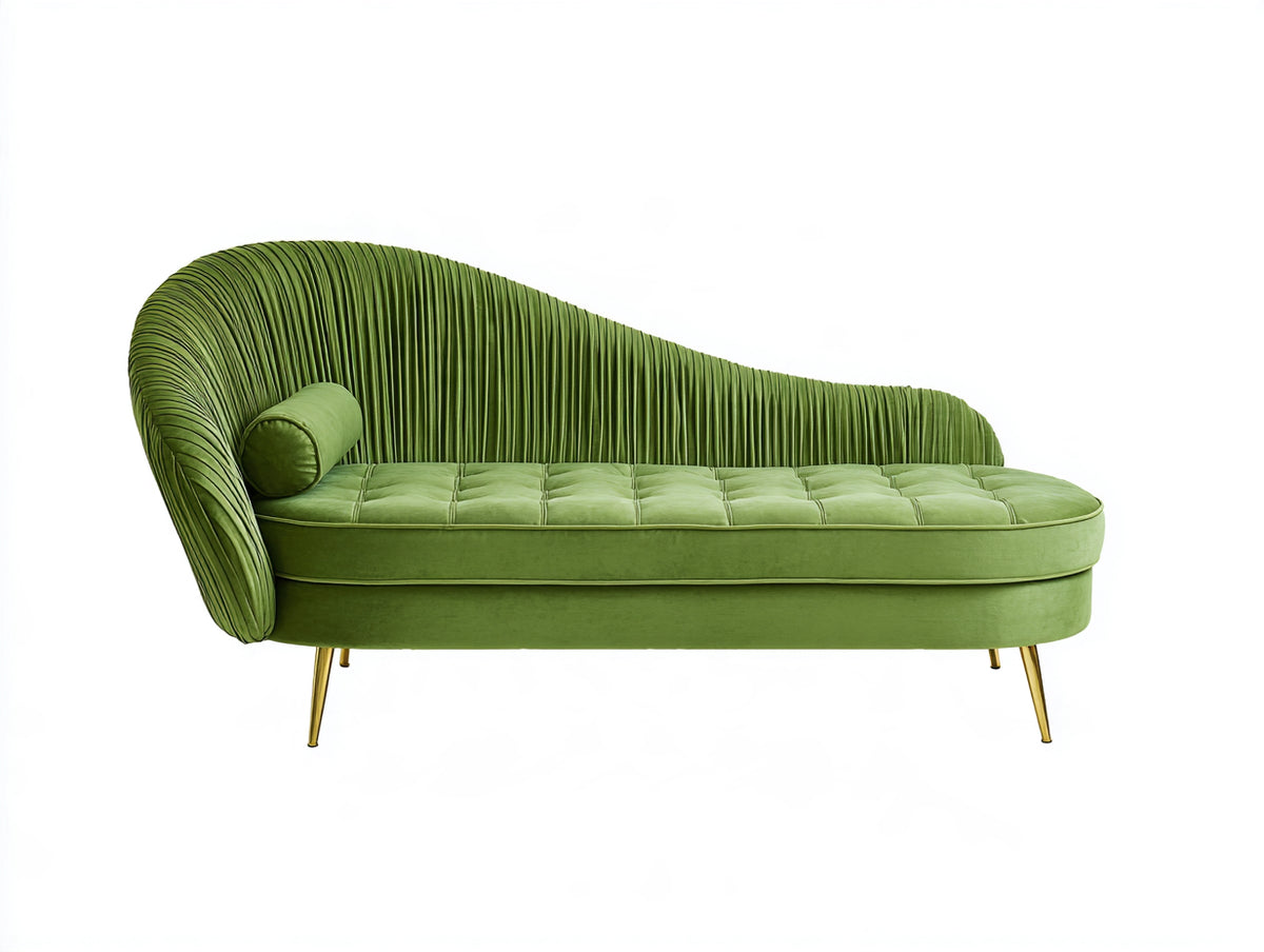 Chaise longue tapizada 185x78x88 cm - verde oliva - respaldo curvo plisado y asiento capitoné - diseño elegante para salón y dormitorio