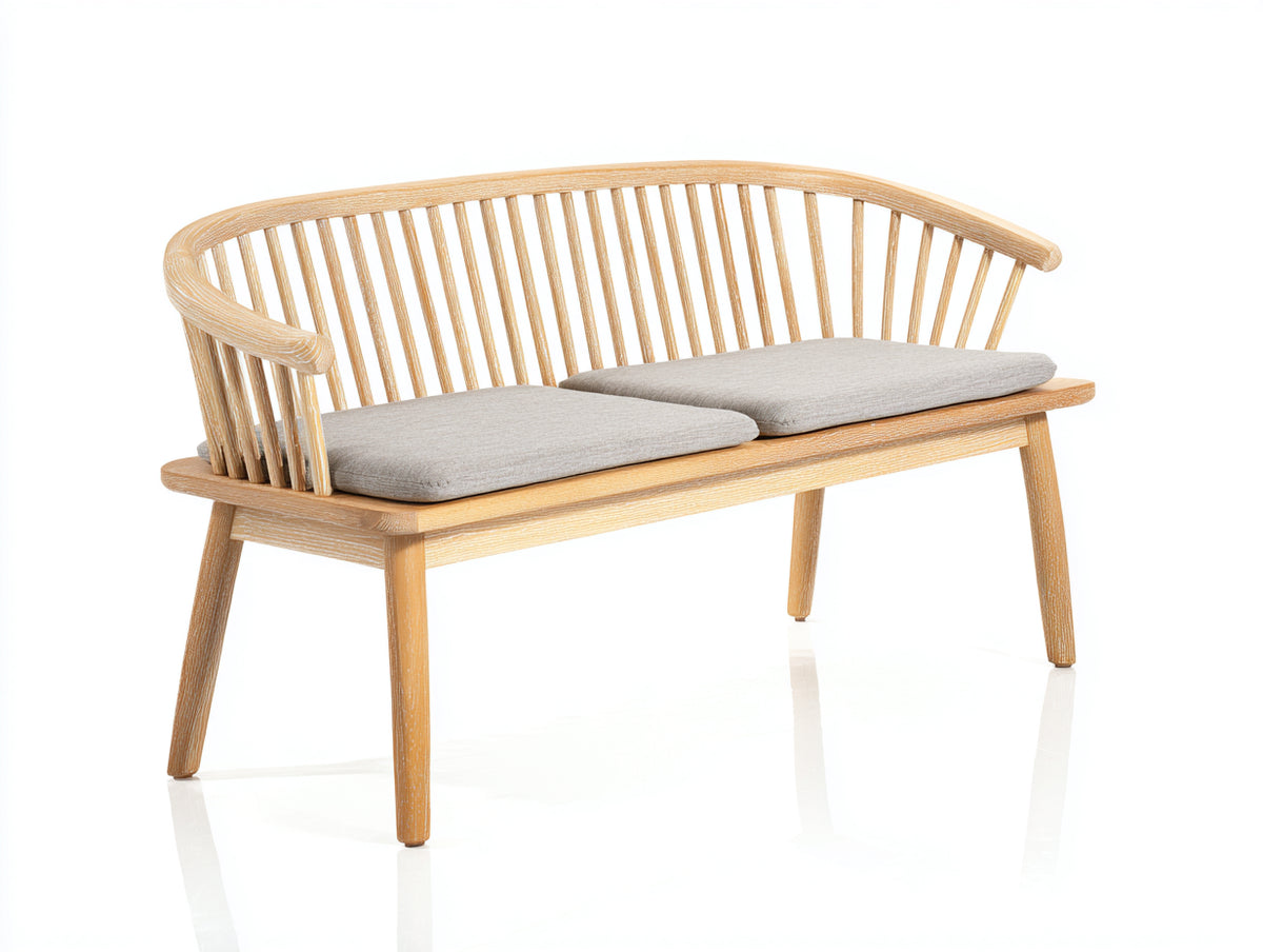 Banco de jardín de madera 145x62x82 cm - marrón claro y beige - respaldo curvo de listones y asiento acolchado - diseño para terraza y jardín