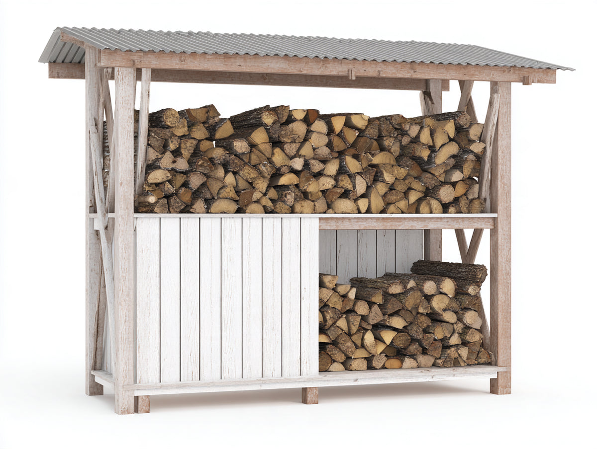 Leñero de jardín de madera 180x65x175 cm - blanco y marrón - cubierta acanalada y almacenamiento dividido - diseño exterior con zona protegida