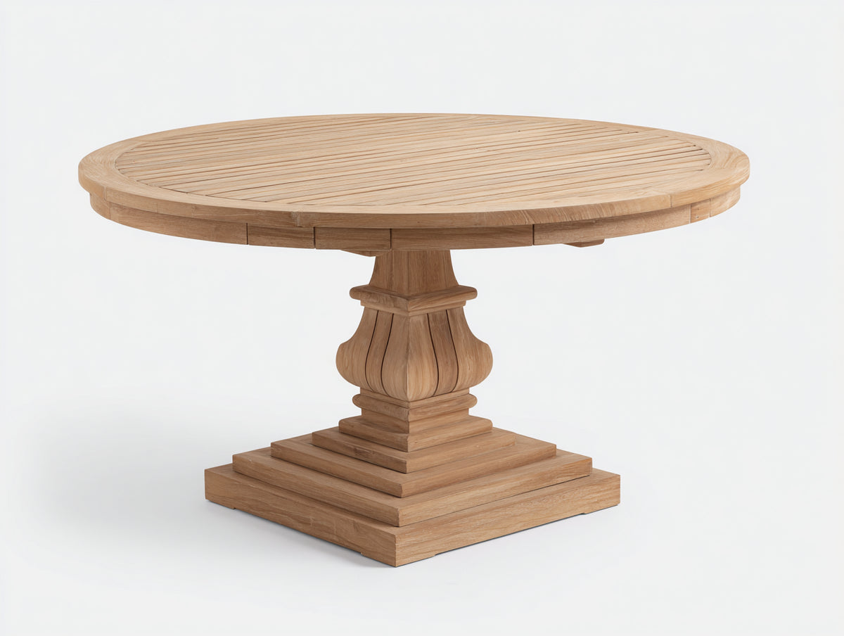 Mesas de jardín de madera 120x120x76 cm - marrón claro - tablero redondo de listones y base central decorativa - diseño clásico para terraza y jardín