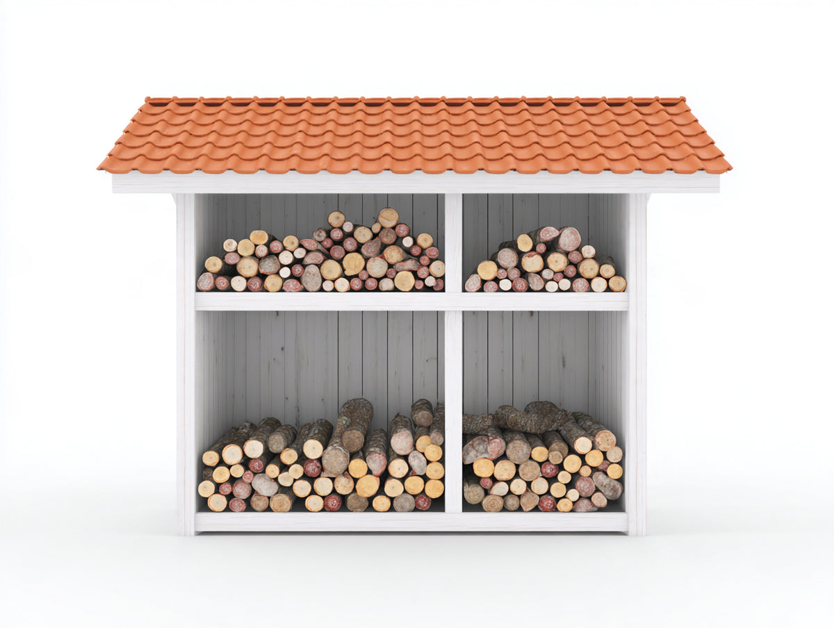 Leñero de jardín 200 x 80 x 180 cm - Blanco gris claro y terracota - Techo inclinado y almacenamiento dividido