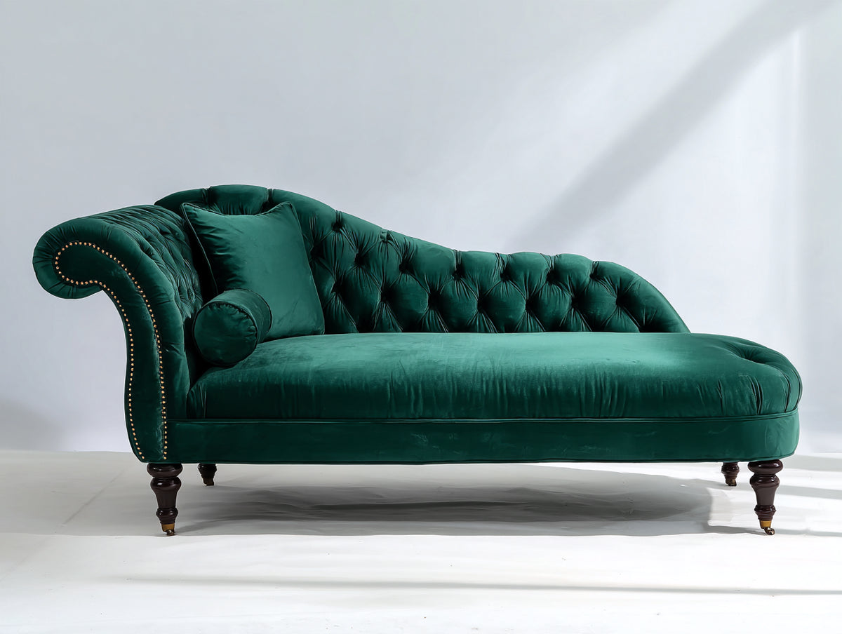 Chaise longue 200 x 90 x 85 cm - Verde esmeralda marrón oscuro y dorado - Tapizado aterciopelado capitoné y brazo enrollado