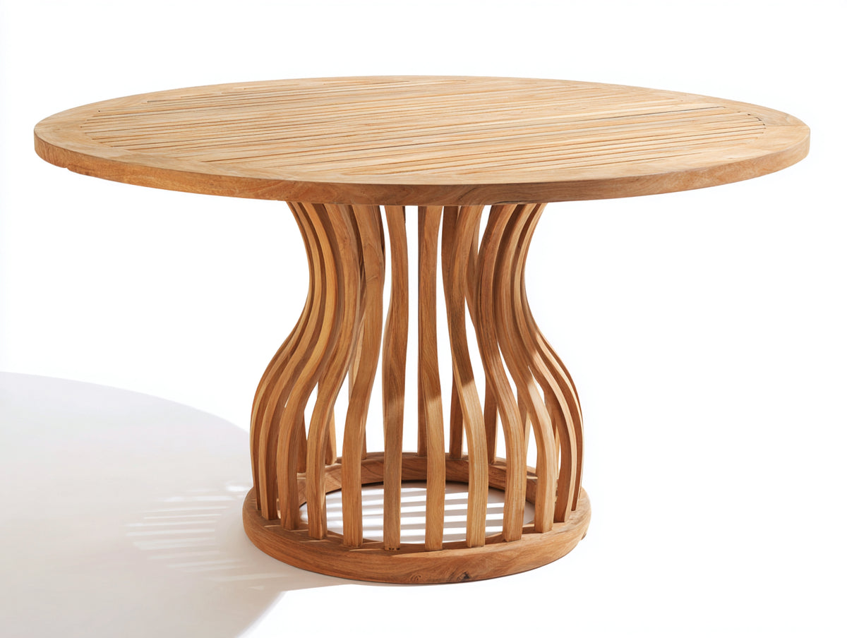 Mesas de jardín de madera 120x120x75 cm - Madera natural - Mesa redonda con base de listones curvos