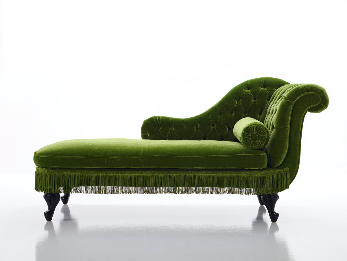 Chaise longue tapizada 190 x 80 x 90 cm - verde oliva y marrón oscuro - capitoné clásico con flecos decorativos