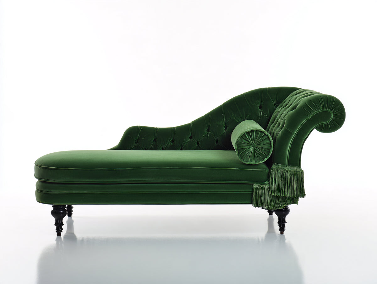 Chaise longue 188 x 84 x 86 cm - Verde oscuro y marrón oscuro - Tapizado aterciopelado capitoné con respaldo curvo y flecos