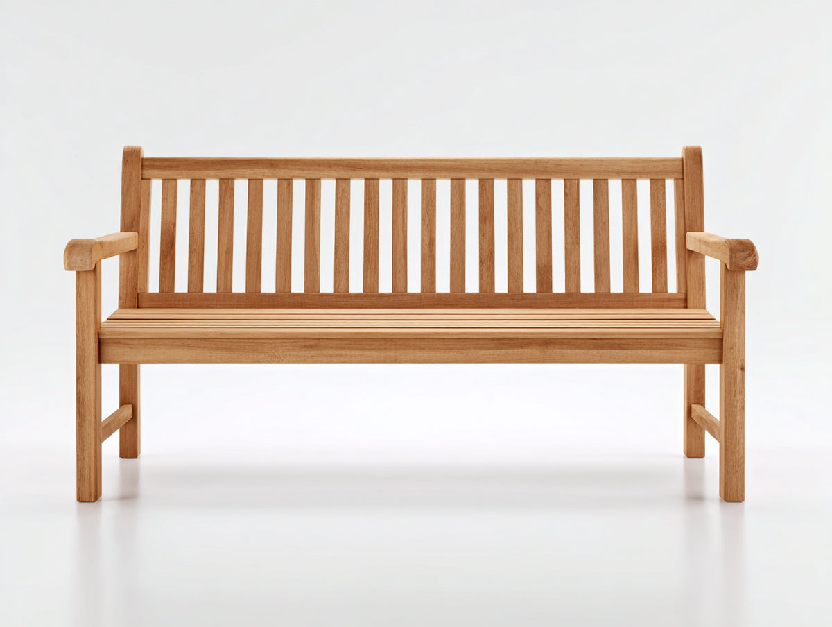 Banco de jardín de madera 150x60x90 cm - marrón - respaldo de listones y reposabrazos - diseño clásico para terraza patio y jardín