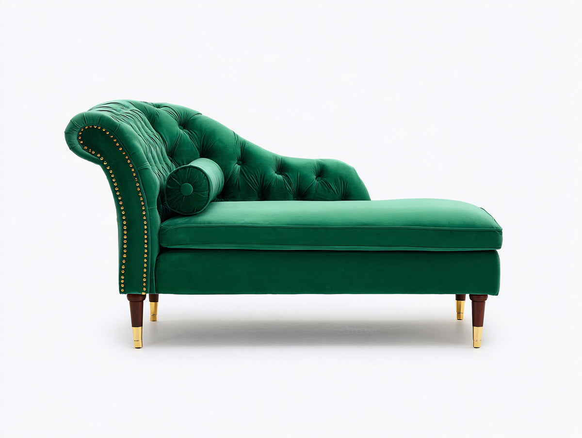 Chaise longue de terciopelo 170 x 75 x 88 cm - verde esmeralda - diseño clásico capitoné con tachuelas doradas