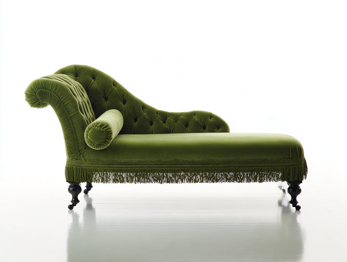Chaise longue de terciopelo 178 x 74 x 86 cm - verde oliva - diseño clásico capitoné con flecos decorativos