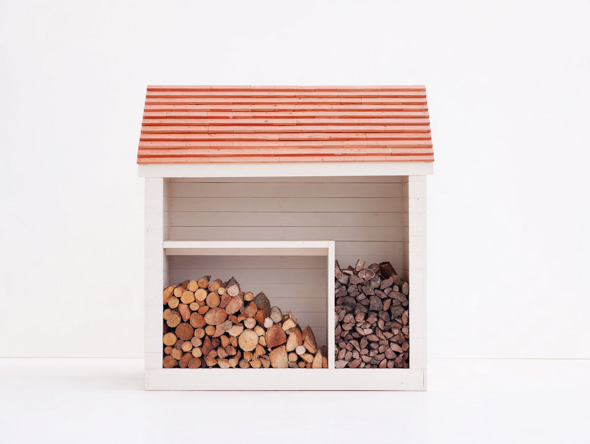 Leñero de jardín de madera 160 x 70 x 180 cm - blanco y terracota - cubierta inclinada y almacenamiento dividido