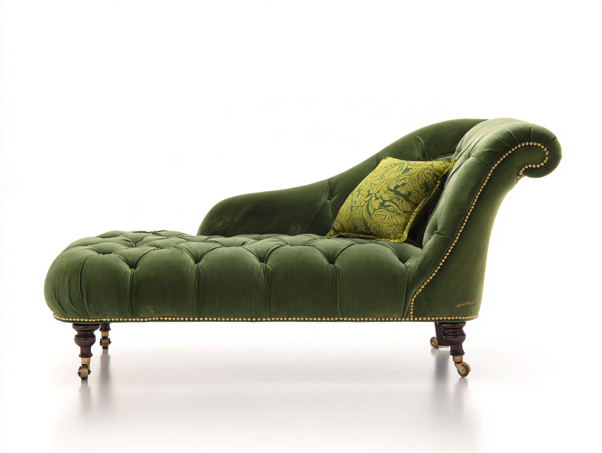 Chaise longue de terciopelo 175 x 78 x 90 cm - verde oliva - diseño clásico capitoné con tachuelas doradas