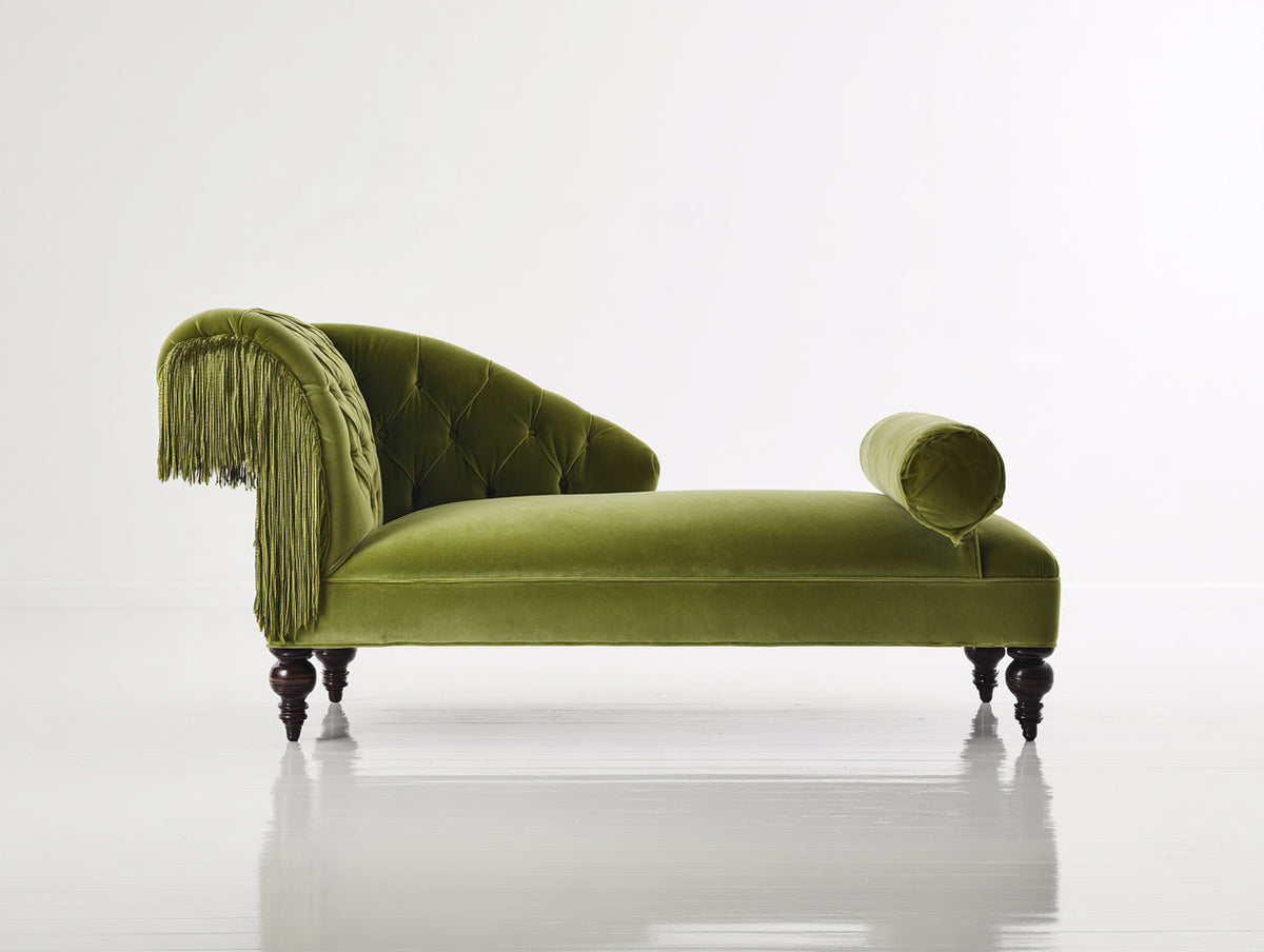 Chaise longue de terciopelo 175 x 72 x 82 cm - verde oliva - diseño clásico con capitoné y flecos decorativos