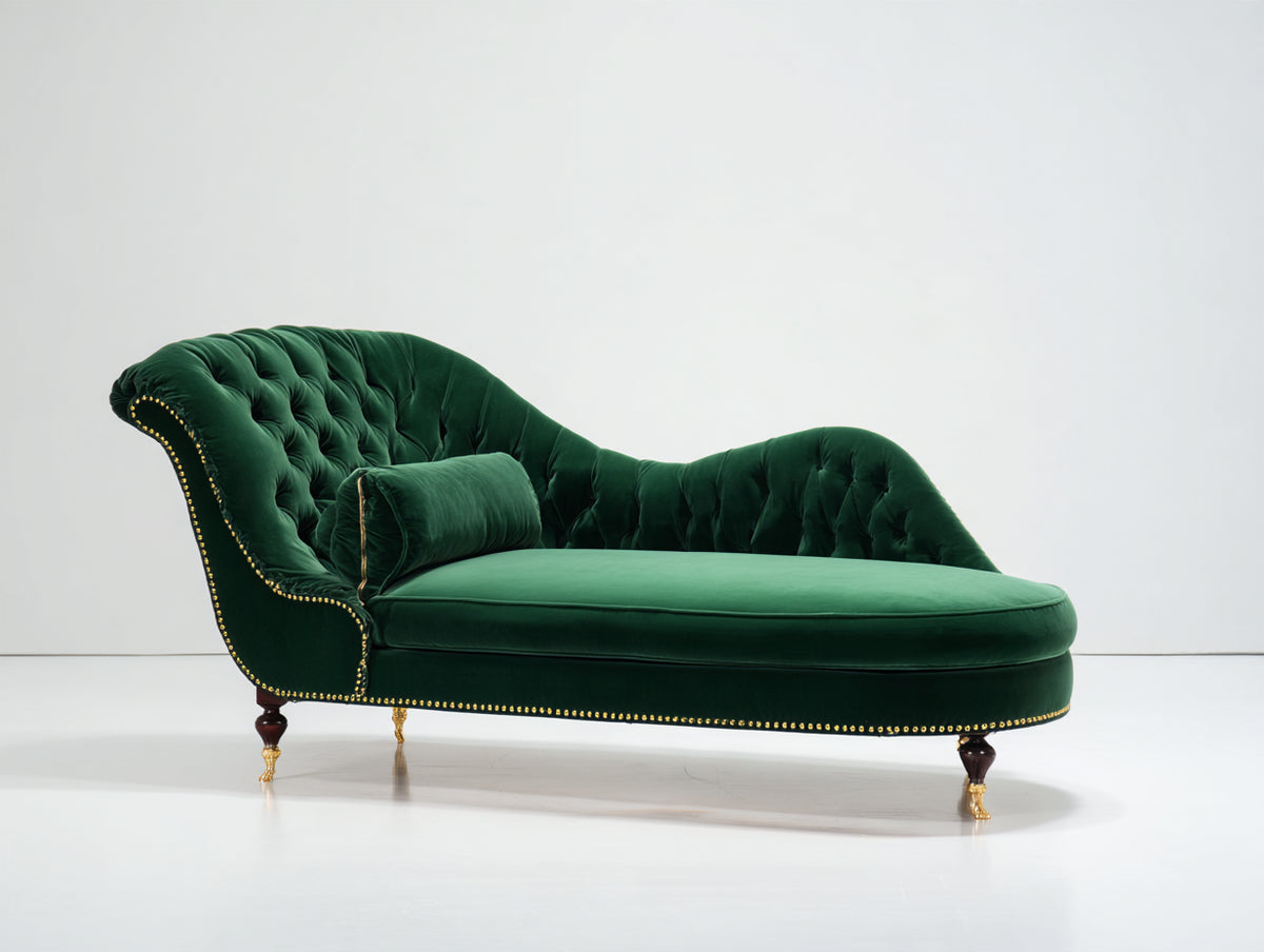 Chaise longue tapizada 180 x 75 x 90 cm - verde oscuro dorado y marrón oscuro - diseño capitoné de estilo clásico