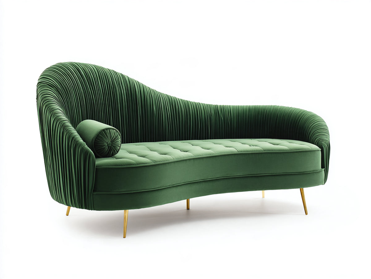 Chaise longue tapizada 200x80x85 cm - Verde oscuro y dorado - Diseño curvo con asiento capitoné