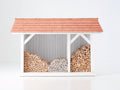 Leñero de jardín de madera 170x65x165 cm - blanco y terracota - cubierta inclinada y almacenamiento abierto - diseño exterior para organizar leña
