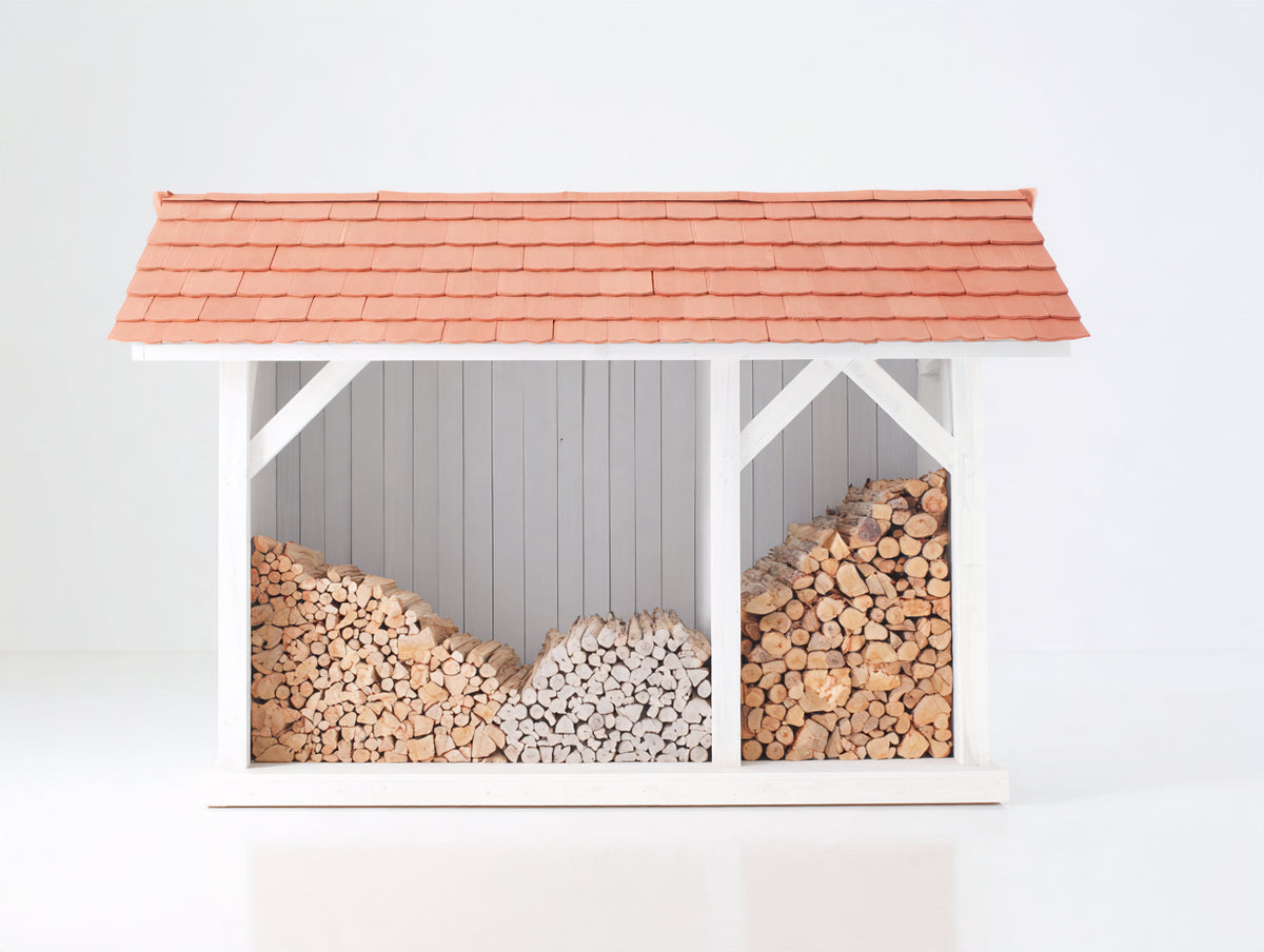 Leñero de jardín de madera 170x65x165 cm - blanco y terracota - cubierta inclinada y almacenamiento abierto - diseño exterior para organizar leña