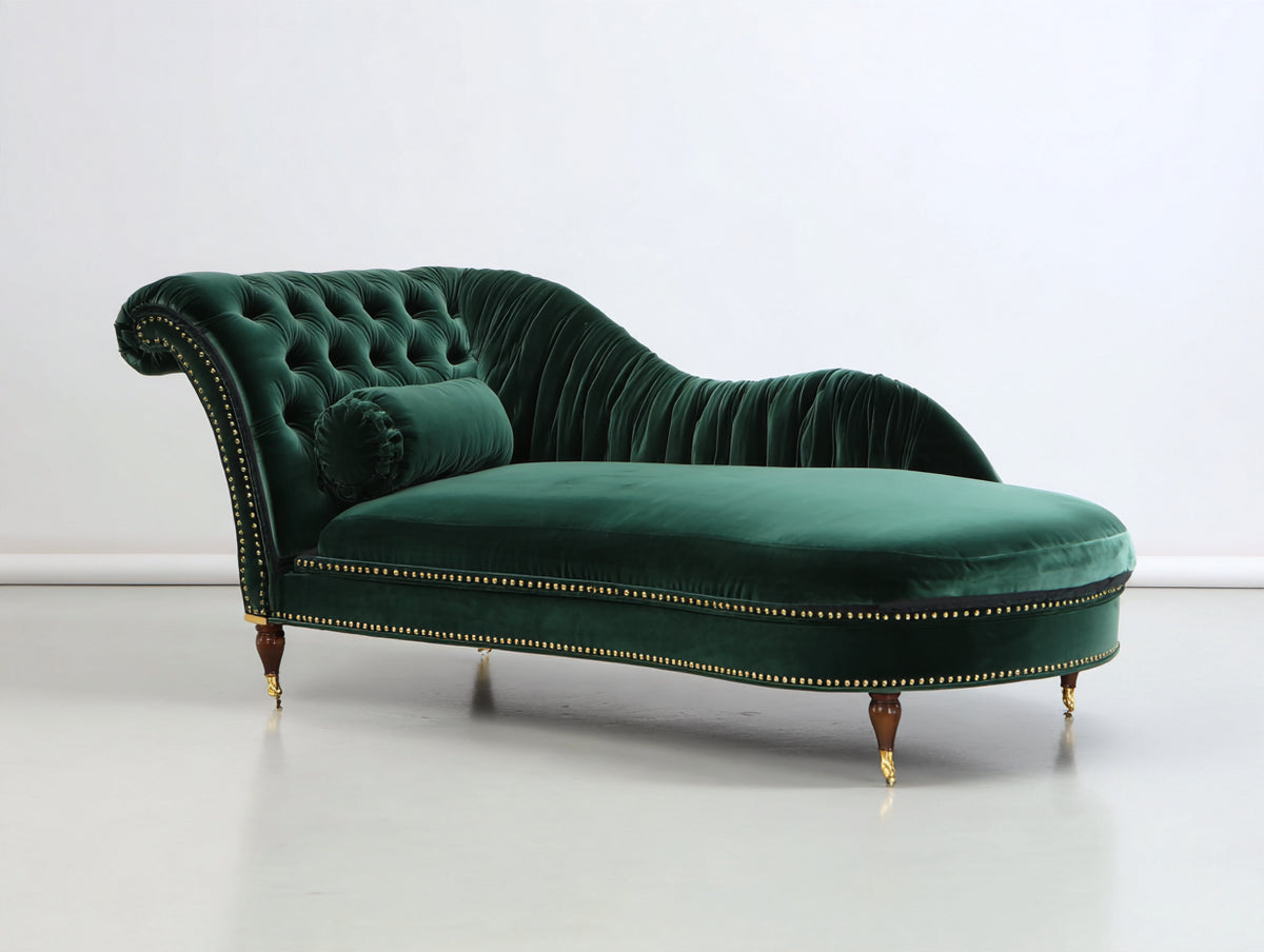 Chaise longue de terciopelo 180 x 75 x 85 cm - verde oscuro - diseño clásico capitoné con tachuelas decorativas