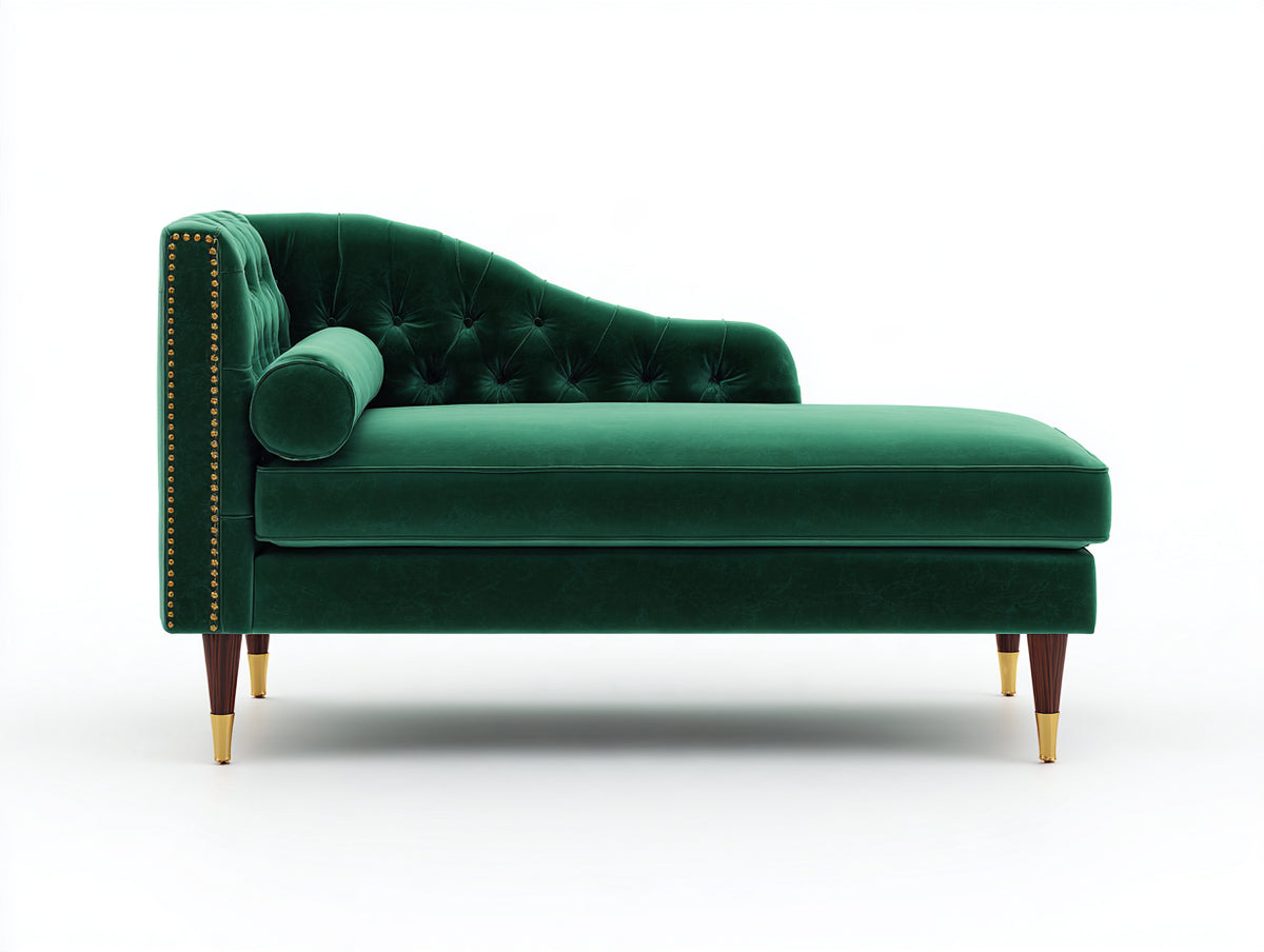 Chaise longue tapizada 190x80x85 cm - Verde esmeralda y dorado - Diseño clásico con respaldo capitoné