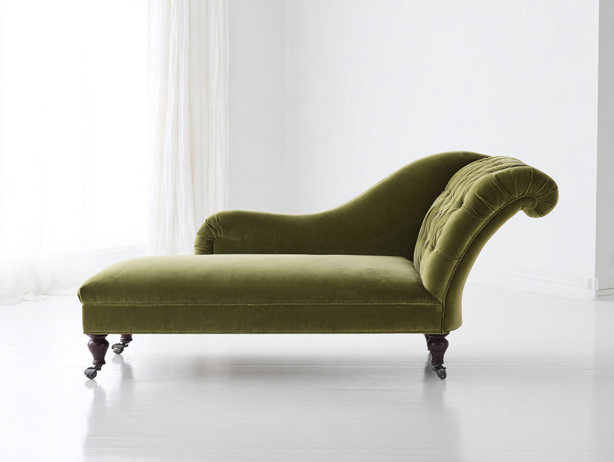 Chaise longue tapizada 190x75x85 cm - Verde oliva y marrón oscuro - Diseño clásico con respaldo capitoné