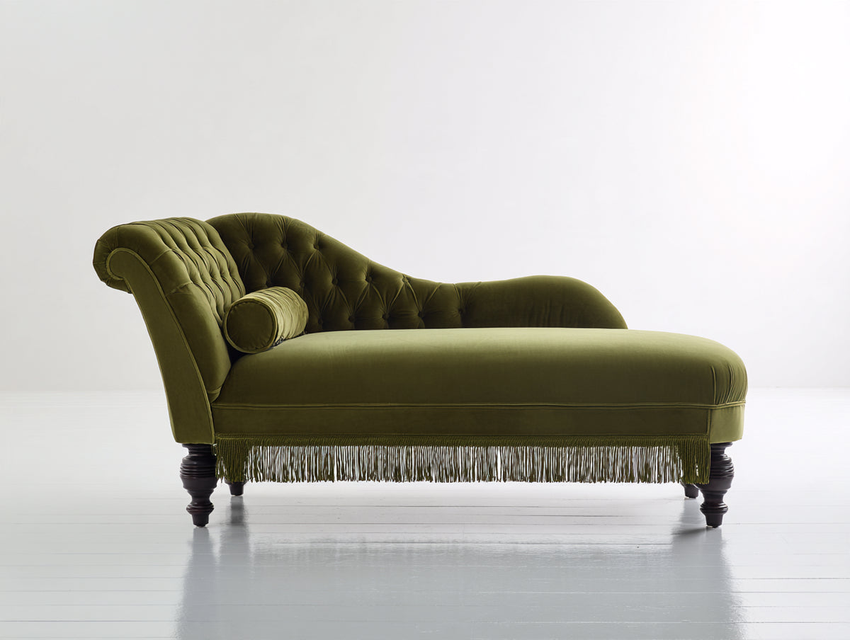 Chaise longue tapizada 185 x 80 x 90 cm - verde oliva y marrón oscuro - capitoné clásico con flecos decorativos