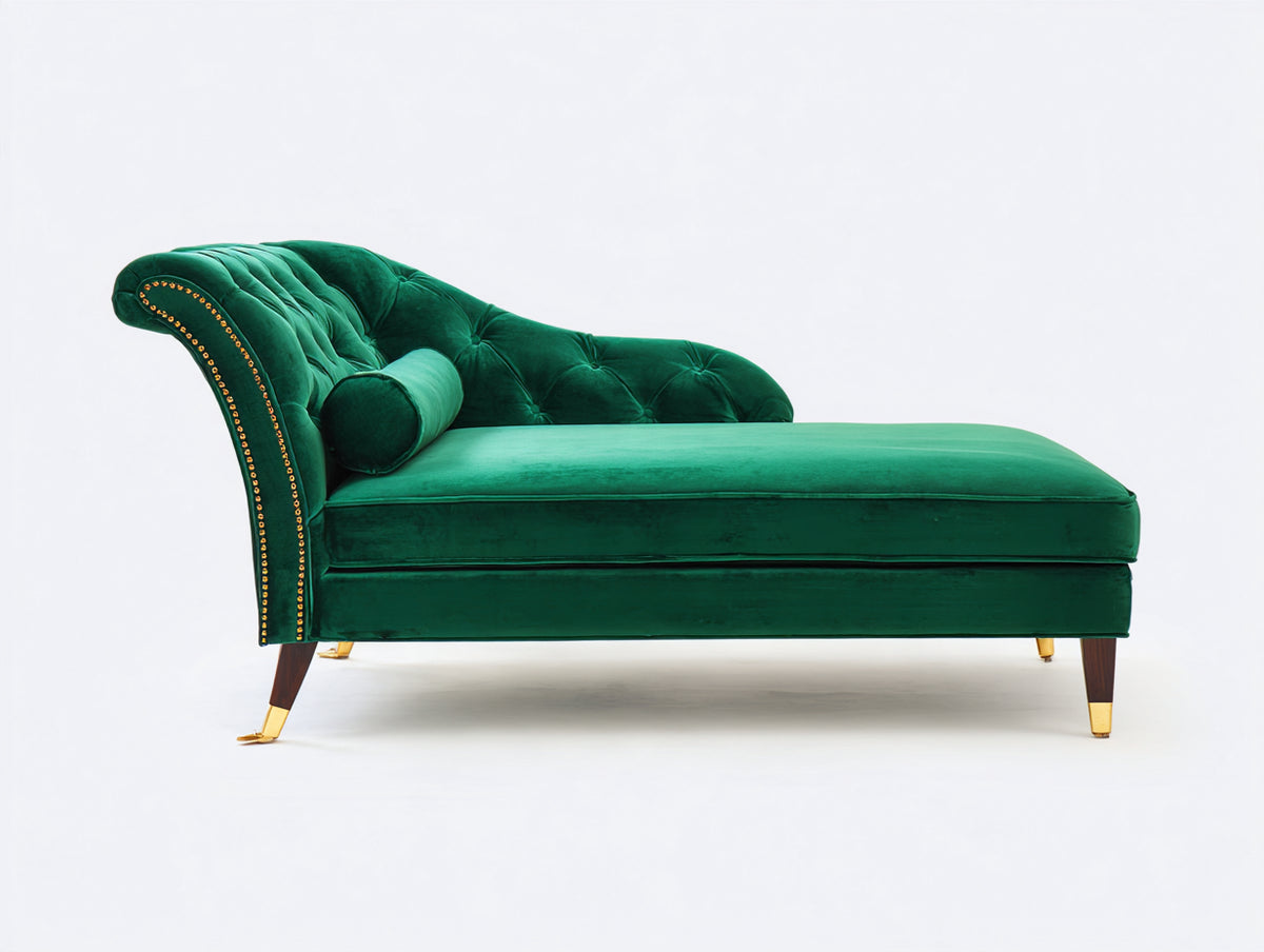 Chaise longue 190 x 85 x 82 cm - Verde esmeralda marrón oscuro y dorado - Tapizado aterciopelado capitoné y respaldo curvo