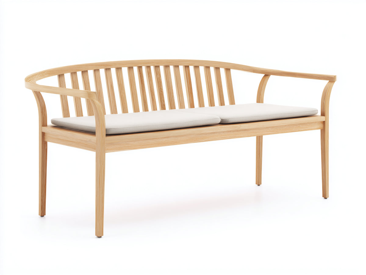 Banco de jardín de madera 160 x 62 x 80 cm - Madera natural y blanco roto - Respaldo curvo y asiento acolchado
